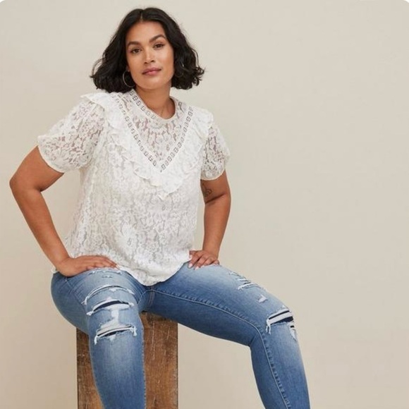 torrid Tops - Torrid Lace Ruffle Detail Pale Yellow Blouse